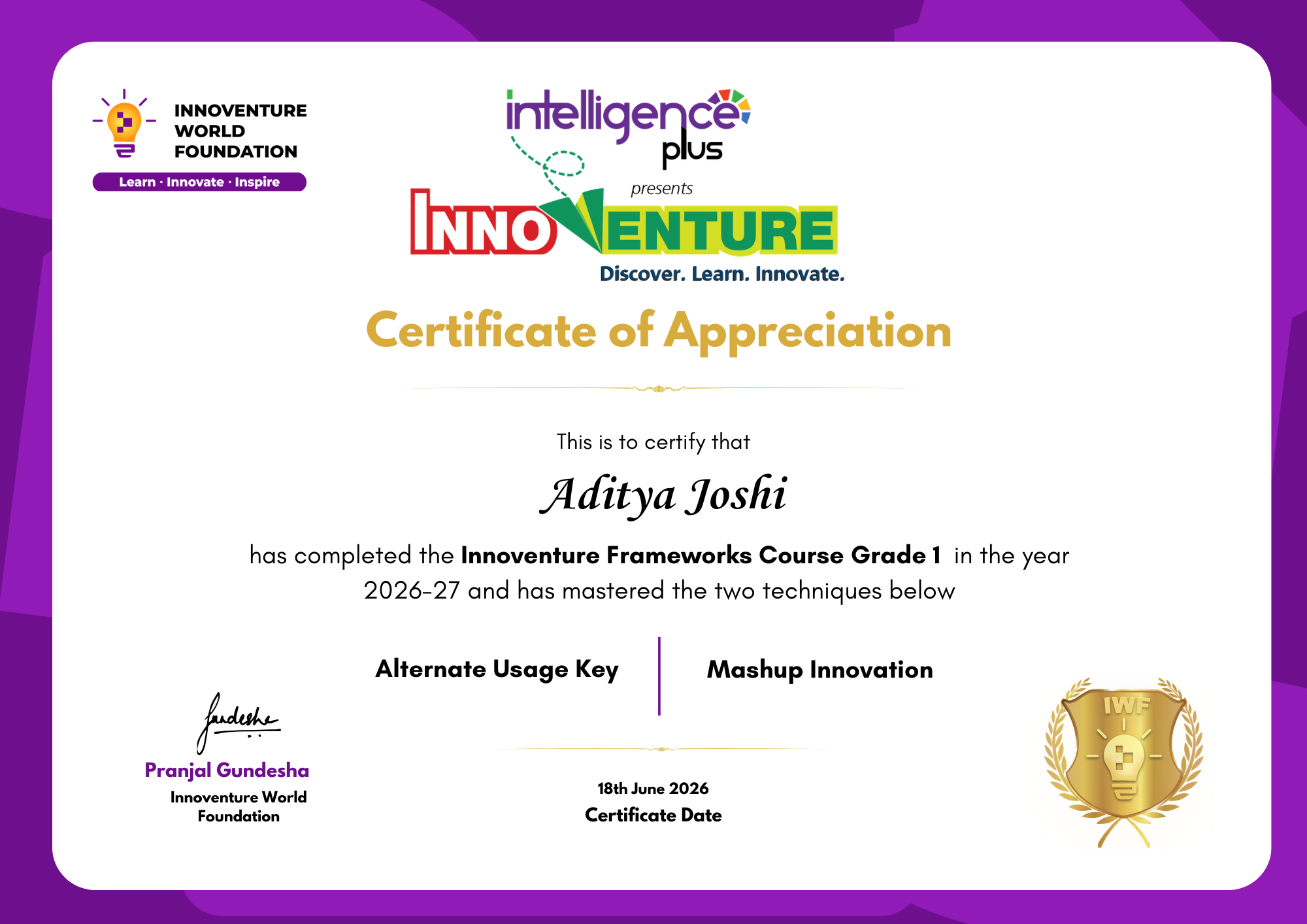 Innoventure Sample Certificate